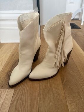 Dolce Vita Ivory Fringe Ankle Boots with Block Heel